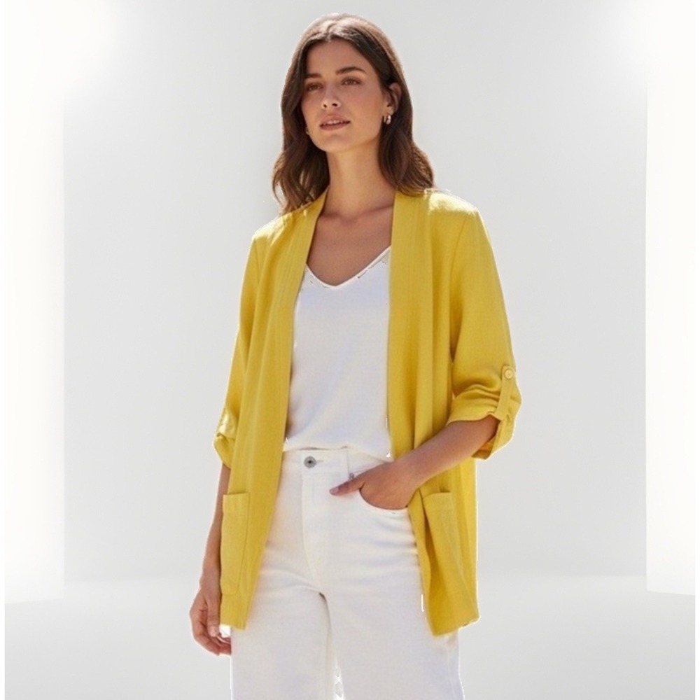 DKNY Bright Yellow Open Front 3/4 Sleeve Blazer Size XL Lightweight Garden Chic